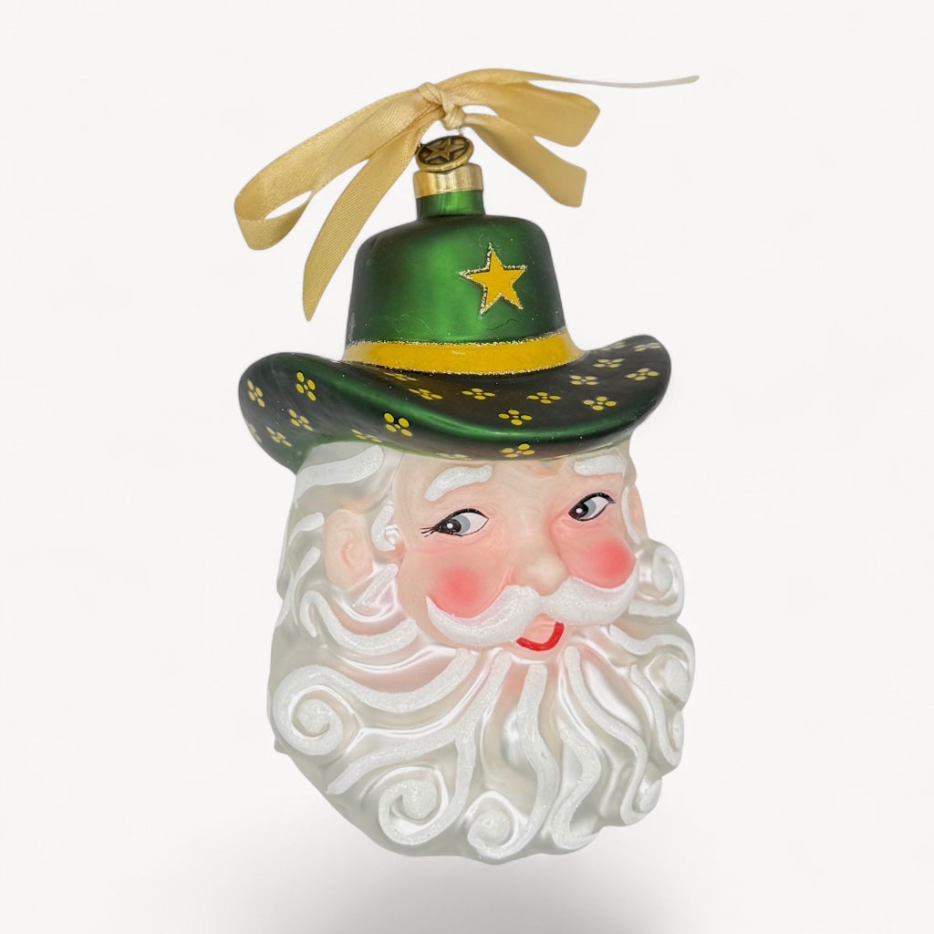 Green & Gold Cowboy Santa Blown Glass Christmas Ornament | Texan Christmas 2026 Edition