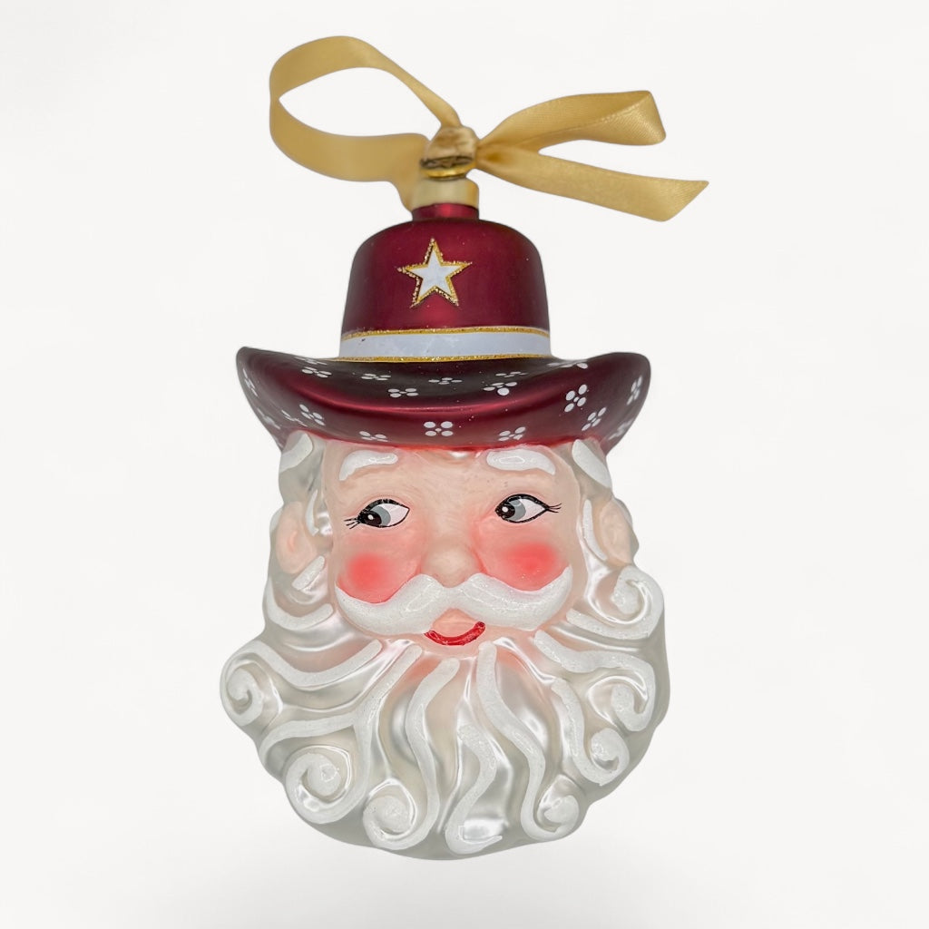 Maroon & White Cowboy Santa Blown Glass Christmas Ornament | Texan Christmas 2026 Edition